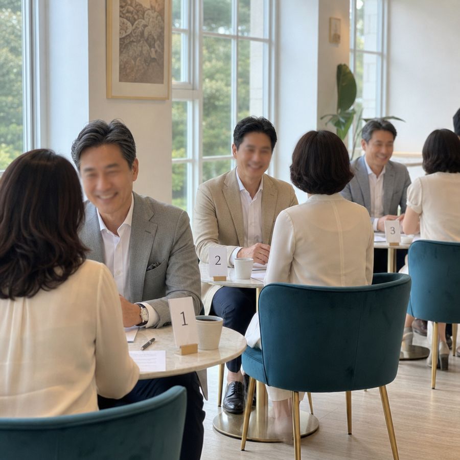 창가가 밝은 카페에서 남녀가 2인 테이블에 마주 앉아 이야기 나누는 모습. 테이블마다 번호표가 놓여 있다.