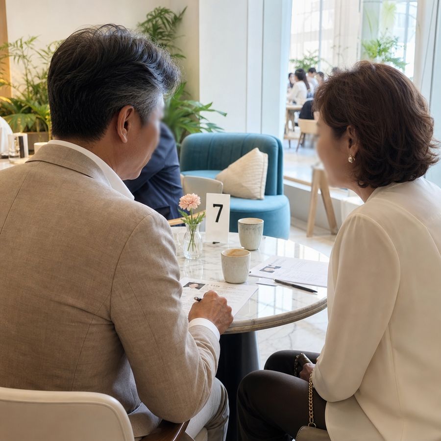 2인 테이블에 마주 앉은 남녀가 프로필 카드를 펴놓고 대화하는 모습. 테이블에 번호표와 커피잔이 놓여 있다.