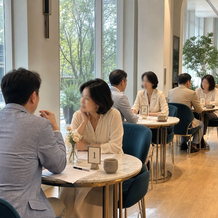 넓은 실내에서 여러 쌍이 각각 2인 테이블에 앉아 1대 1로 대화하는 모습.